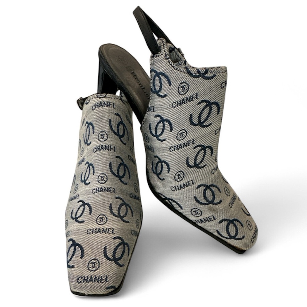 Chanel Black and Gray Logo Slingback Heels
